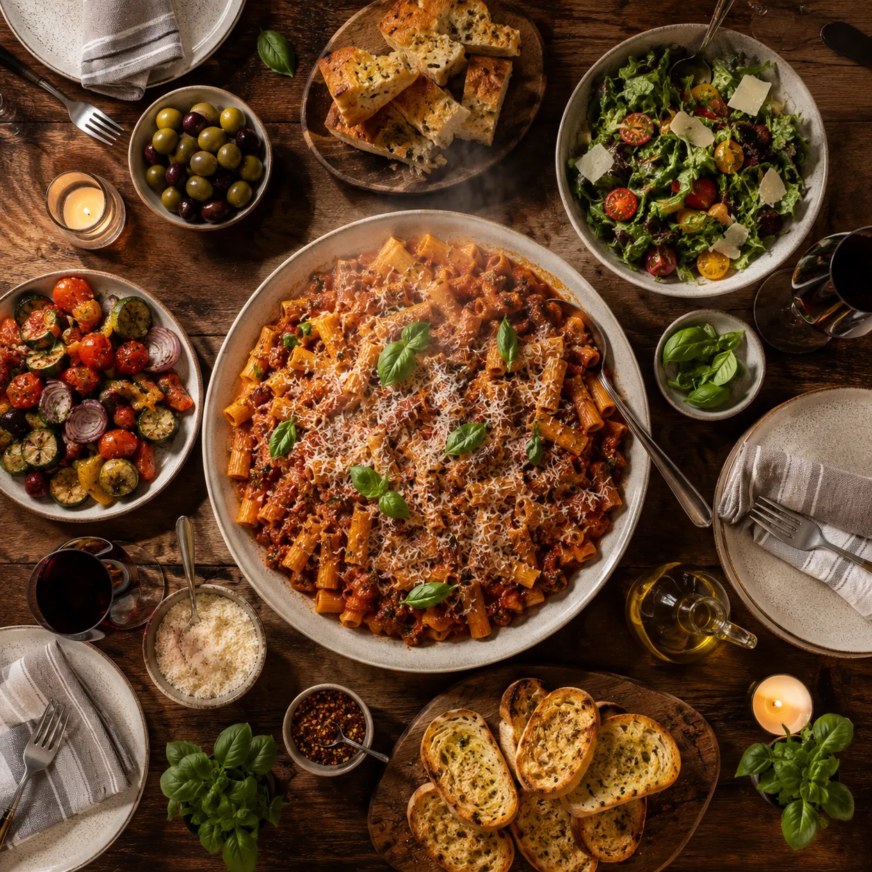 Pasta with meatballs and Italian sausage in tomato basil parmigiana at Chez Nous Wpg in Winnipeg